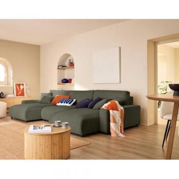 Pivoine – Canapé panoramique en U 7 places convertible avec coffre en velours côtelé