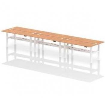 Dynamic Air Back-to-Back W1800 x D600mm Height Adjustable Sit Stand 6 Person Bench Desk With Cable Ports Oak Finish White Frame