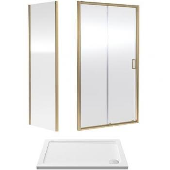 Brushed Brass 6mm Toughened Safety Glass Sliding Shower Door Set with Side Panel and White Tray