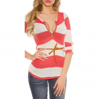 Tailliertes Strickshirt mit Zipper-V-Kragen und passendem Gürtel – S‑Größe