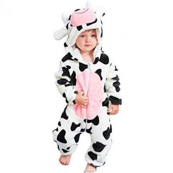 Hooded Flannel Onesie for Newborns, Autumn Winter Pajamas, Long Sleeve Sleepsuit for Baby Girls Boys, 0-36 Months, Cow
