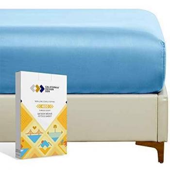 Super King Fitted Sheet, Soft Cotton 400Tc Sateen, 180x200+30cm, Deep Pocket, Elasticated, Sky Blue