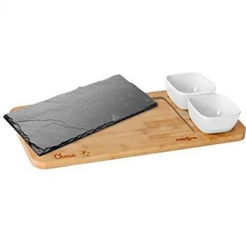 BRUNNER Campingartikel Bambus Käse-Set mit Stein und Schalen für Käse und Wurst