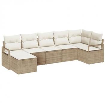 Tapisserie extérieure 7‑pièces, canapés rattan poly, coussins neutres