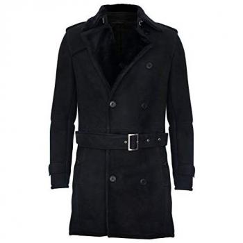 Black Shearling Sheepskin Pea Coat for Men