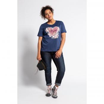 T-shirt con cuore ricamato, svasata, mezze maniche, Donna, Blu, Taglia: 68/70, Cotone