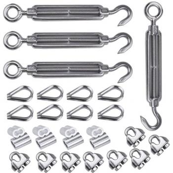 Kit de câbles de garde-corps 1/8, 4 pièces, crochet en inox, tendeur de tension