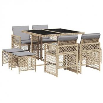 Set da Pranzo Giardino 9 pz Polyrattan Beige con Cuscini