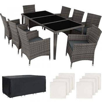 Tectake Set Patio in Alluminio con Cuscini e Copertura, 8 Sedie e 1 Tavolo, Grigio (403657)