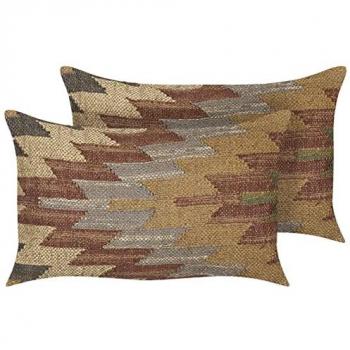 Set of 2 Handmade Jute Cotton Scatter Cushions 30 x 50 cm Multicolour Geometric Pattern with Removable Cover