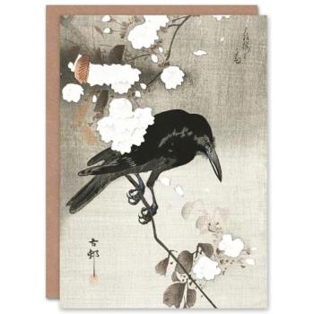 Ohara Koson: Grey Crow with Cherry Blossom Flowers Card