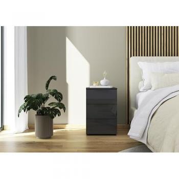Nachtkommode Flipp, 3 Schubladen, Soft-Close-Funktion, Glasfront, grau