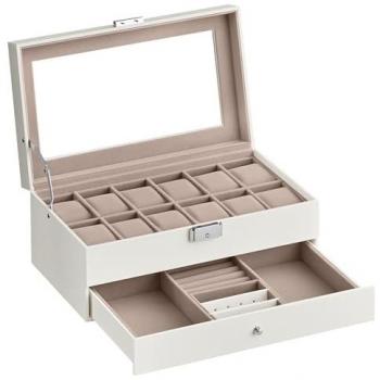 2-Tier Watch Box with 12 Compartments and Drawer, Cloud White + Cappuccino Beige