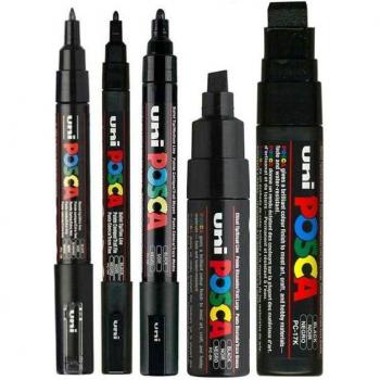 Kit de marqueurs mixtes noirs POSCA – 5 couleurs différentes (PC‑1M, 3M, 5M, 8K, 17K)