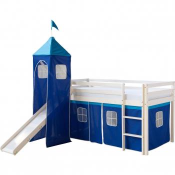 Mezzanine 90x200 cm, bois laqué blanc, échelle/toboggan – Décoshop26 – LIT06009 – Inclut toile bleue