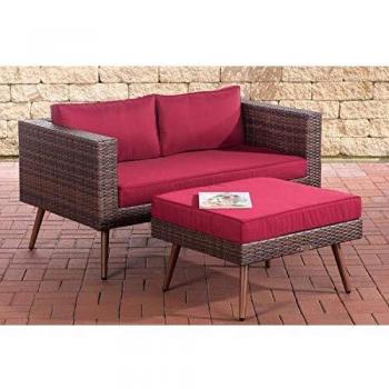 CLP Polyrattan 2er Sofa MOLDE mit Fußhocker I Loungeset in Rubinrot