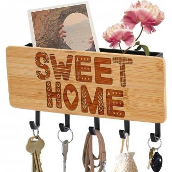 Home Door Wall Unit for Keys and Hanging Items in Wood Finish