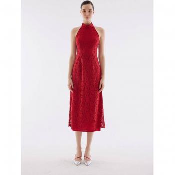 Vestido Rojo de Encaje con Tirantes Halter