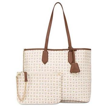 Borsa shopping Pollini Heritage Classic avorio marrone con doppio manico e charm in pelle