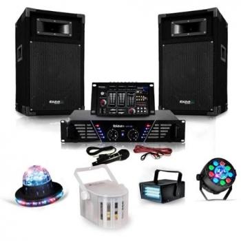Pack Audio‑Lumière 500 W – Ampli, enceintes, table mix USB et 4 modules LED