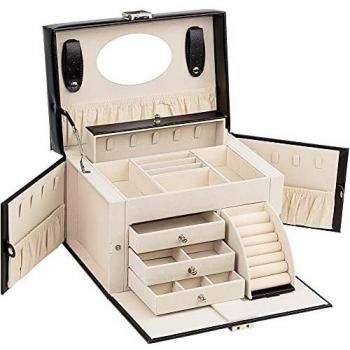 ADEL DREAM Premium Schmuckkasten, abschließbar, 4 Ebenen, 3 Schubladen, mit Spiegel, für die elegante Aufbewahrung von Schmuckstücken (Schwarz)