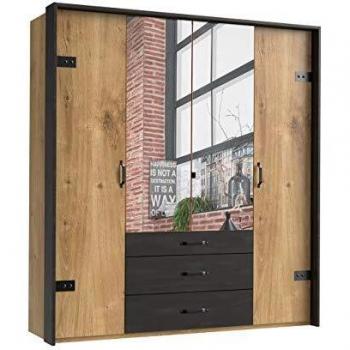 Armoire en Bois Poutre avec 4 Portes, Miroir et Cadre Coloré Raw Steel