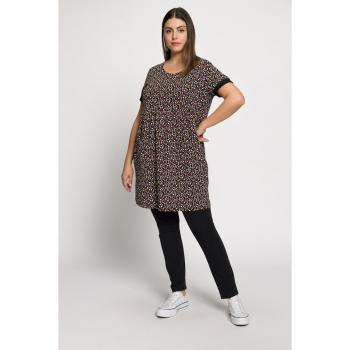 Abito svasato in cotone con puntini, scollo a girocollo, mezze maniche, Donna, Nero, Taglia 60/62