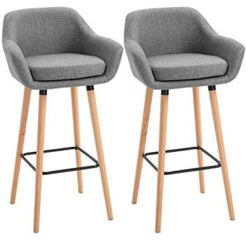 Tabourets de Bar Scandinave Lot de 2 avec Repose-Pieds et Accoudoirs en Bois de Hêtre et Lin Gris Chinés