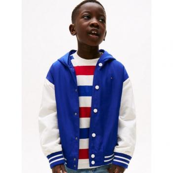 Tommy Hilfiger Hoden‑Grafik‑Bommerjacke mit Kapuze und auffälligem Logo, kontrastreichen Streifen