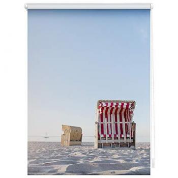 Klemmfix Verdunkelungsrollo Strandkorb Blau Beige, ohne Bohren, freihängend, Seitenzugrollo