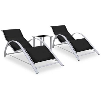 Lot de 2 chaises longues en aluminium noir avec table
