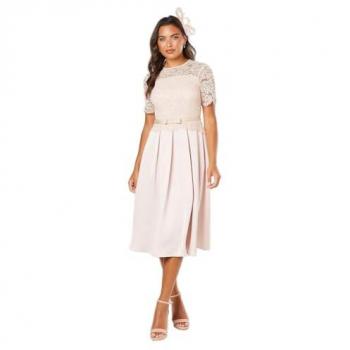 Elegant Women's Lace and Crepe Midi Dress with Full Skirt
