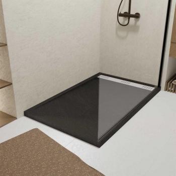 AURLANE Plato Ducha Negra con Efecto Piedra 80x120x4, Rejillas Cromadas y Blancas Mate