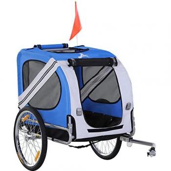 PawHut Remorque vélo pour Chien Animaux 8 réflecteurs Drapeau Barre attelage Inclus Acier Polyester imperméable Max. 30 Kg 130L x 73l x 90H cm Blanc et Bleu