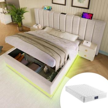 Letto Comfort 160x200: Testiera allungata, Lino bianco, LED smart