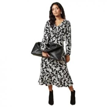 Floral Women's Petite Long Sleeve Midi Dress with Tie Front and Ruffle Bust