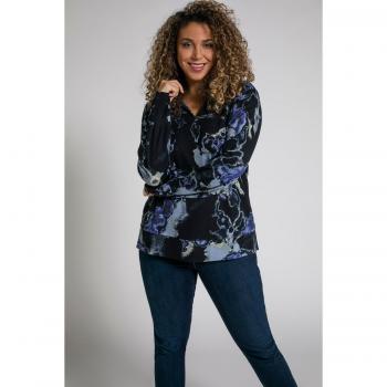 Felpa blu con scollo a tunica, maniche lunghe, stampa marmo, donna, taglia 64/66, viscosa/fibre sintetiche