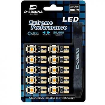 10 Lampade Led T10 W5W Canbus 12V 2W 5 SMD 5050 Arancione con Leva Rimozione Antigraffio