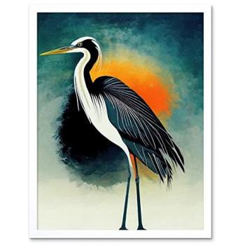 White Frame Heron Monochrome Bird Illustration – 12x16 Size