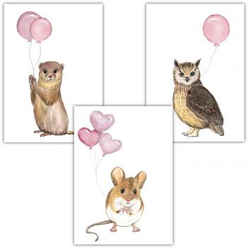 Frechdax® 3er Set Kinderzimmer Poster Baby Bilder DIN A4 | Waldtiere Safari Afrika Tiere Tierposter Eule