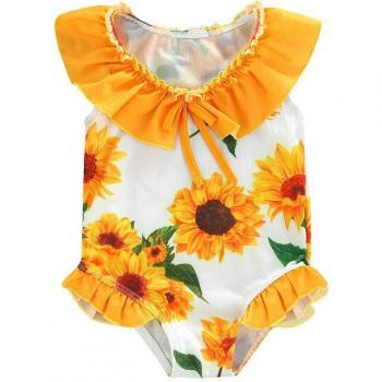 Sunflower Print Sleeveless Swim Romper for Girls