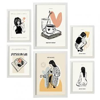 Set de 6 impresiones artísticas en tinta negra. amor. bocetos decorativos para interiores. tamaños A3 y A4, marcos blancos