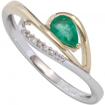 JOBO Damenring 585 Weißgold Gelbgold bicolor 1 Smaragd grün 7 Diamanten Brillanten Größe 54