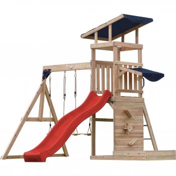 Portique extérieur AXI Malik avec double balançoire, toboggan rouge, bac à sable et mur d'escalade