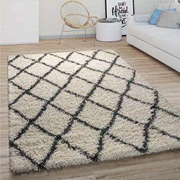 Tapis Moderne Shaggy 60x100 cm Motif Diamant Gris et Blanc