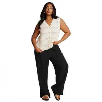 Pantalon ample lin noir, mode pull-on