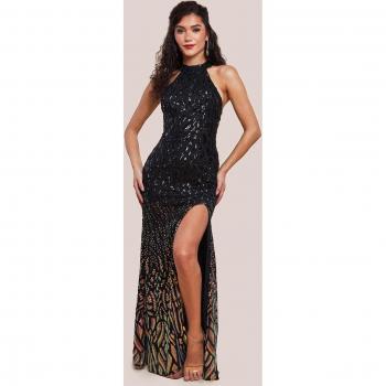 Midnight Ombre Sequin Halter Maxi, Thigh‑Split – Goddiva Collection