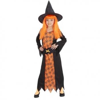 Disfraz de Bruja Naranja con Sombrero y Telaraña para Niña