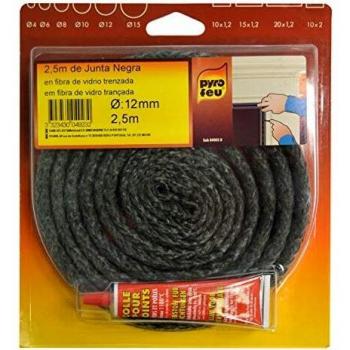 Joint pour porte à insert en silicone noir PYRO FEU 12mm x 2.5m + Colle et fibre de verre