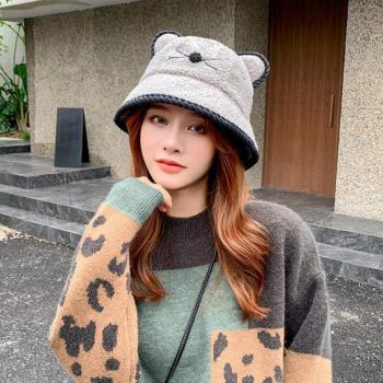 Winter Plush Cat Ear Bucket Hat for Women